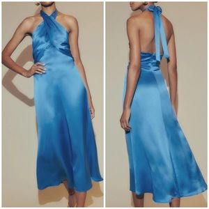 Reformation Maddison Silk Midi Dress Grotto Blue Halter Size 12